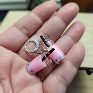 1.5" Handcrafted Mini Bubble Tea Dangle Earrings Pink Boba Milk Tea Jar Straw